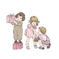 Fun childhood moment with boys giving flowers and gift to girl. Royalty Free Stock Photo